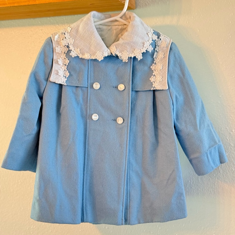 100% Wool VINTAGE F.W. Fischer Ellerie Fashions Blue Lace-Trim Girls Coat